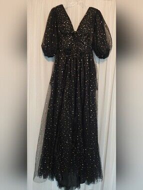Black Puff-Sleeve Evening Gown Gold Stars Size 12